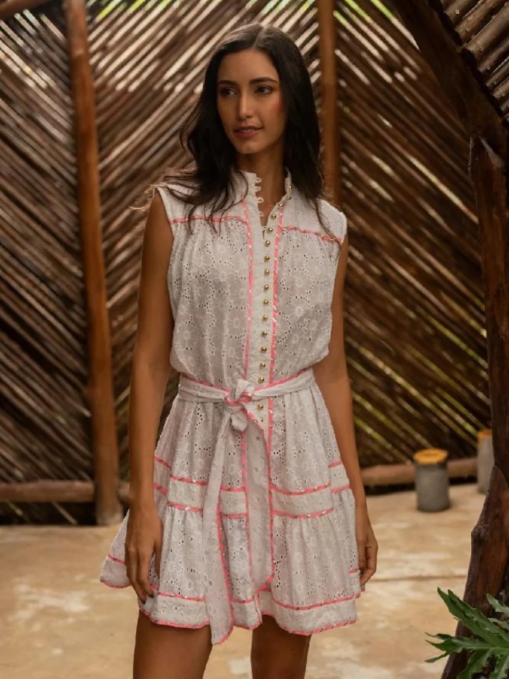 Miss June Paris White Eyelet Floral Neon Pink Trim Dress with Optional Belt